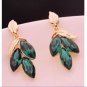 Gorgeous Bohemian Gold Plated Faux Emerald Green Gemstone Leaf Drop Stud Earrings