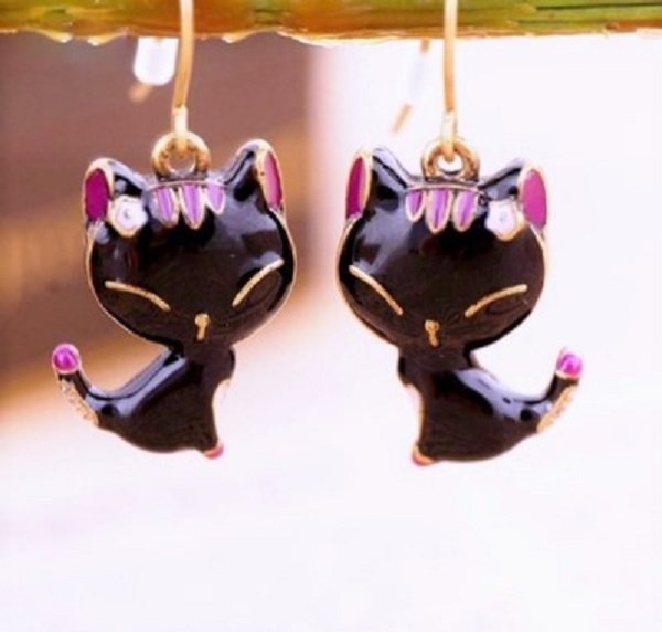 Elegant Black Glaze Small kitty Cat Stud Dangle Drop Earrings