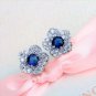 Elegant Blue Sapphire Crystal Ceylon Flower Full Rhinestone Halo Diamond Stud Earrings