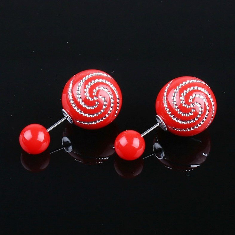 Chic Fashion Retro Spiral Rhinestone Red Double Side Pearl Front Back Stud Earrings