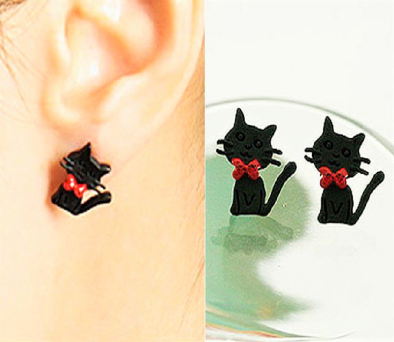 Super Cute Betsey Johnson Black Cartoon Kitty Cat Red Bowknot Stud Earrings