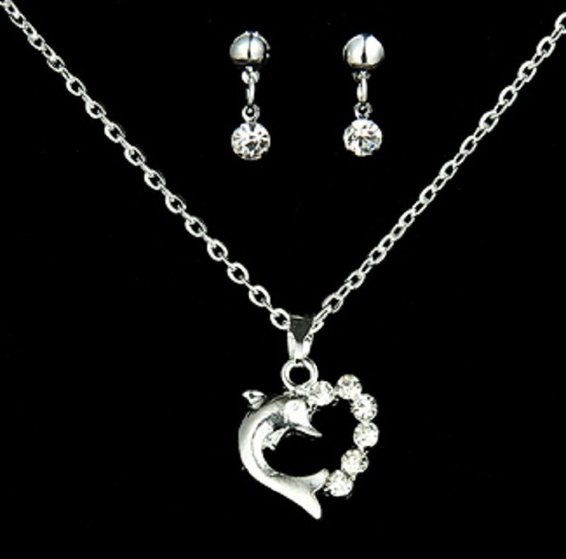 Stunning Sterling Silver Swarovski Element Crystal Dolphin Heart Lovers Pendant Necklace Earring Set