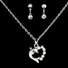 Stunning Sterling Silver Swarovski Element Crystal Dolphin Heart Lovers Pendant Necklace Earring Set