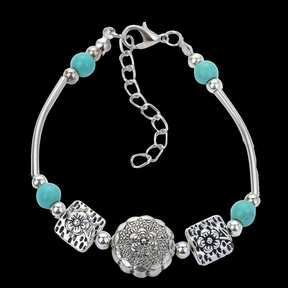 Aztec Ethnic Tribal Tibetan Silver Flower Square Stone Turquoise Ball Beads Charm Bracelet