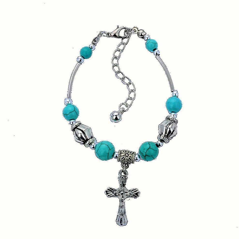 Aztec Ethnic Tribal Tibetan Silver Turquoise Oval Beads Charm Cross Pendant Chain Bracelet