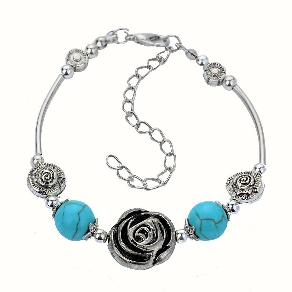 Aztec Ethnic Tribal Tibetan Silver Flower Turquoise Beads Rose Stone Floral Charm Bracelet