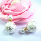 Chic Fashion Ethnic Tribal White Stripe Printed Double Opal Ball Pearl Front Back Stud Earrings