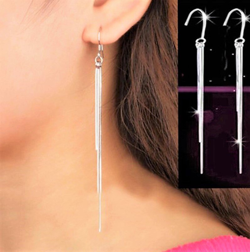 Elegant 925 Sterling Silver Plated Crystal Long Wire Chain Tassel Hook Drop Dangle Earrings