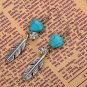 Bohemian Ethnic Tribal Tibetan Silver Feather Crystal Turquoise Heart Shaped Pendant Drop Earrings