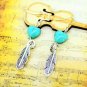 Bohemian Ethnic Tribal Tibetan Silver Feather Crystal Turquoise Heart Shaped Pendant Drop Earrings