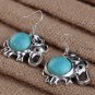 Bohemian Ethnic Tribal Tibetan Silver Turquoise Round Elephant Pendant Drop Earrings