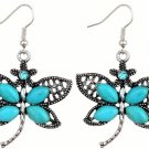 Bohemian Ethnic Tribal Tibetan Silver Crystal Rhinestone Turquoise Dragonfly Pendant Drop Earrings
