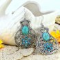 Bohemian Ethnic Tribal Tibetan Silver Rhinestone Turquoise Stone Flower Vase Pendant Drop Earrings