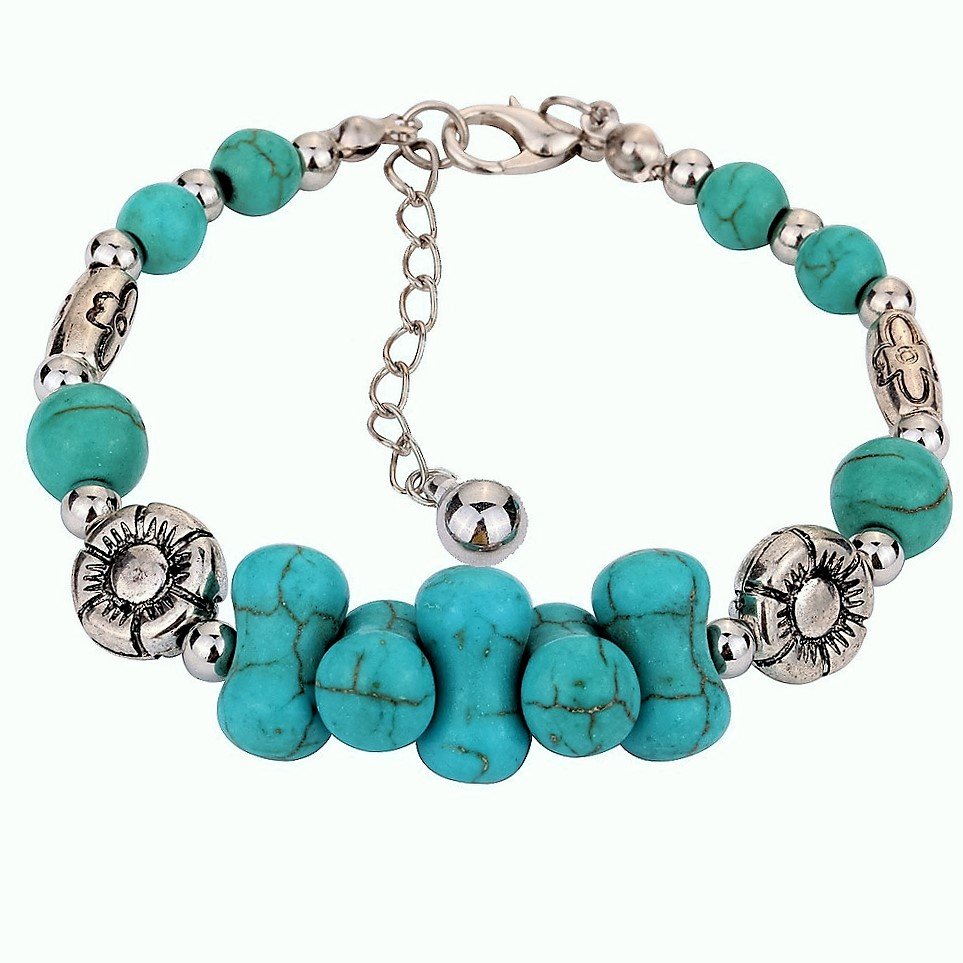 Aztec Ethnic Tribal Tibetan Silver Bohemian Turquoise Beaded Dog Bones Stone Bracelet