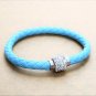 Punk Magnetic Rhinestone Clasp Buckle Aqua Blue Braided Weave Leather Bangle Wristband Bracelet
