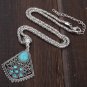 Bohemian Ethnic Tribal Tibetan Silver Rhinestone Turquoise Rhombic Waterdrop Pendant Chain Necklace