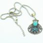 Bohemian Ethnic Tribal Tibetan Silver Rhinestone Turquoise Stone Flower Vase Pendant Chain Necklace