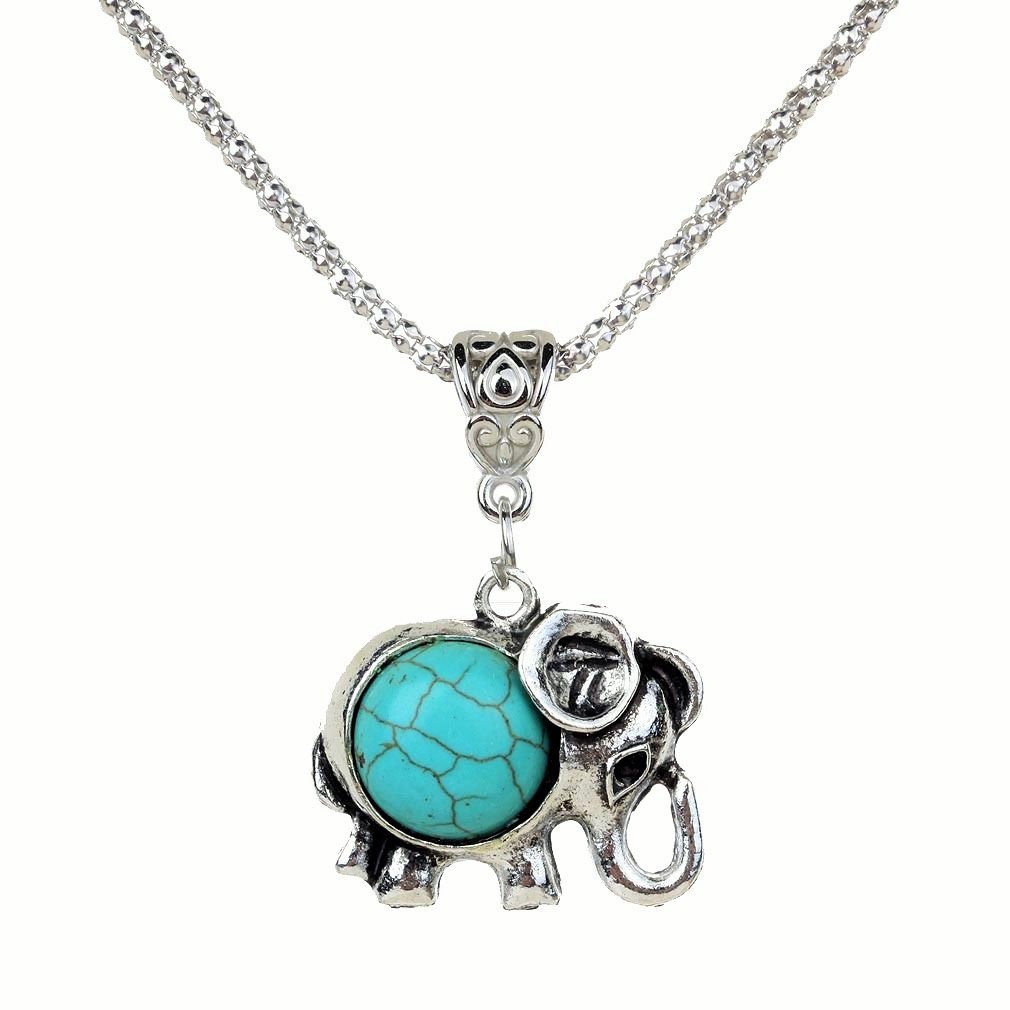 Bohemian Ethnic Tribal Tibetan Silver Rounded Turquoise Stone Elephant Pendant Chain Necklace