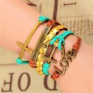 Bohemian Multi-Layer Antique Bronze Hand-Woven Anchor Infinity Love Pu Leather Wrap Charm Bracelet