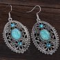 Vintage Ethnic Tribal Tibetan Stainless Steel Silver Turquoise Crystal Filigree Oval Drop Earrings