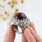 Handmade Royal Gemstone Bead Bali Filigree Design Sterling Silver Unisex Dome Cut Amethyst Ring