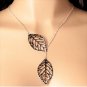 Simply Elegant Stainless Steel Silver Filigree Double Leaf Lariat Pendant Chain Necklace