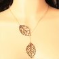 Simply Elegant Stainless Steel Gold Filigree Double Leaf Lariat Pendant Chain Necklace