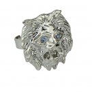 Punk Rock Unisex Antique Silver Retro Vintage Lions Head Clear Crystal Eyes Cocktail Ring