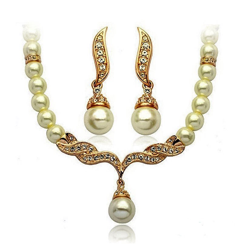 Elegant Ivory Pearl Gold Swarovski Rhinestone Crystal Diamante Bridal Wedding Jewelry Set