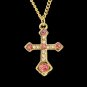 Diamond Gold Plated Pink Crystal Rhinestone Holy Cross Chain Pendant Necklace Jewelry Set