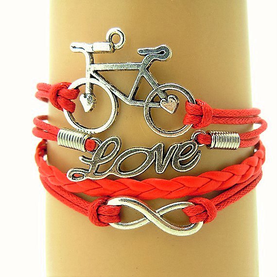 Bohemian Multi-Layer Handmade Red Infinity Antique Silver Bike Leather Wrap Love Friendship Bracelet