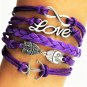 Boho Multi-Layer Handmade Owl Infinity Love Purple Leather Braided Wrap Bangle Bracelet
