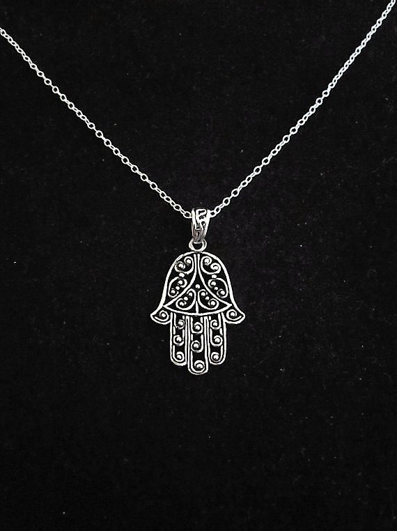 Fashion Vintage Antique Sterling Silver Plated Filigree Hamsa Hand Charm Pendant Chain Necklace