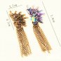 Punk Retro Colorful Purple Blue Crystal Golden Chain Tassel Dangle sparkling Ice Flower Earrings
