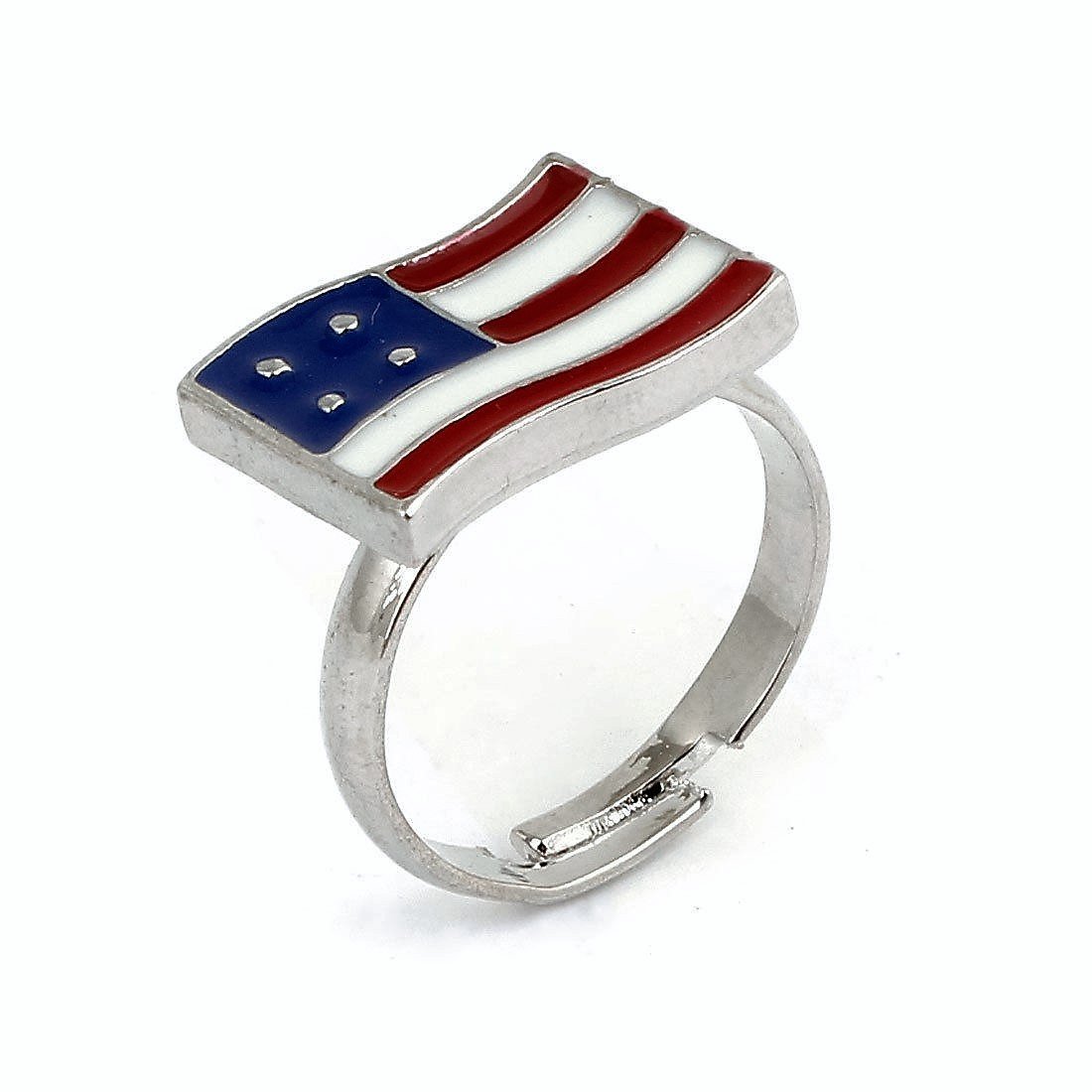 Silver Plated American National USA Flag Ring Adjustable Ring
