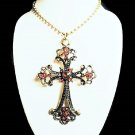 Vintage Rhinestone Cross Retro Bronze Long Pendant sweater Chain Crucifix Necklace