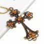 Vintage Rhinestone Cross Retro Bronze Long Pendant sweater Chain Crucifix Necklace