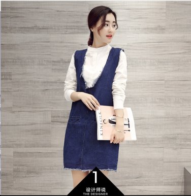 Size L Women's V-neck Raw Edge Frayed Denim Dress