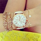 Fashion Geneva Women Leather Band Stainless Steel Quartz Analog Wrist Watch