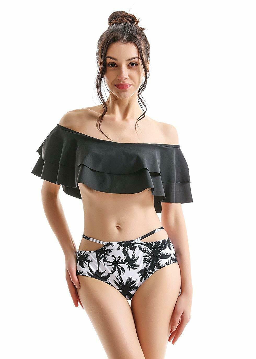 COCOPEAR Women's Two Piece Off Shoulder Swimsuit Boho Flounce Falbala Bikini Set