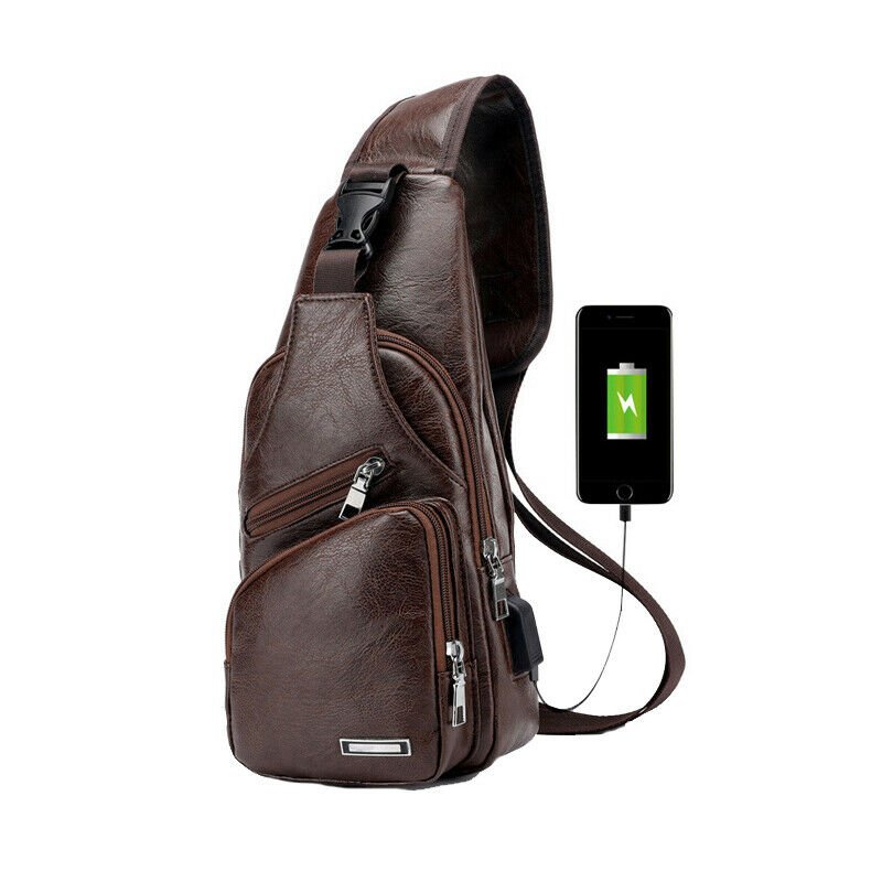 Men's Leather Chest Bag Shoulder Pack USB Charging Port Sports Crossbody Handbag