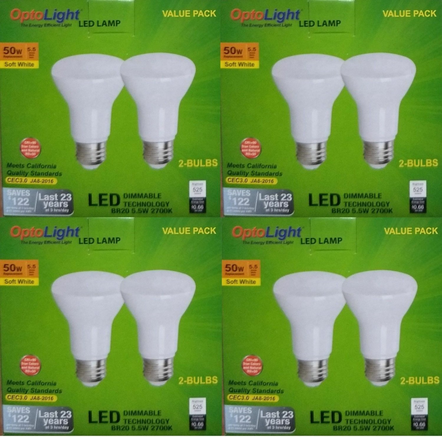 8 pack BR20 LED 5.5W 2700K Warm White Indoor/Outdoor Light Bulbs replace 50 Watt