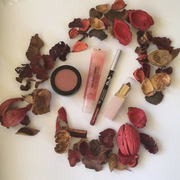 Bundle of 4 makeup essentials Maybelline pink blush, pink lip gloss red lipliner