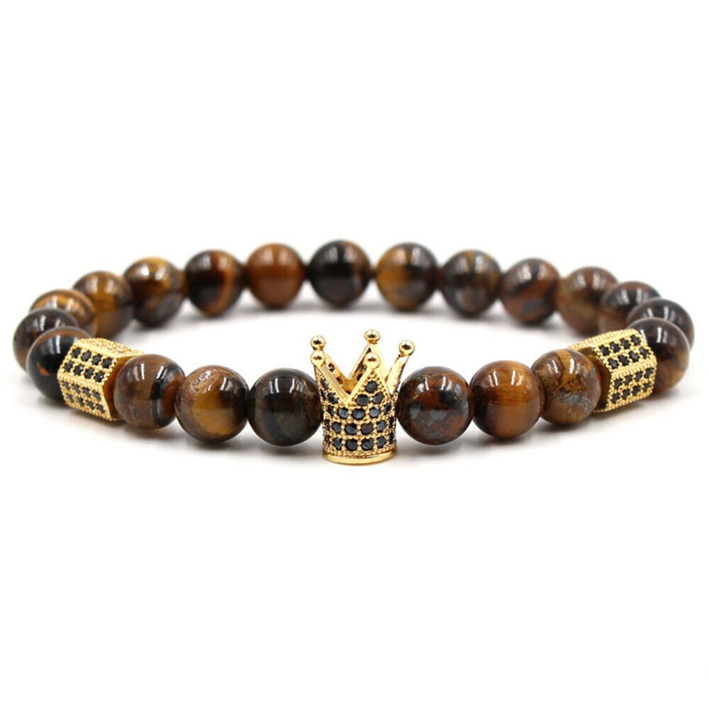 Cool Men's Tiger's Eye Crown Bracelet Natural Stone Bead Bracelet Men's Gift