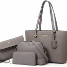 Women Fashion PU Leather Handbags Tote Bag Shoulder Top Handle (Grey) Set 4pcs