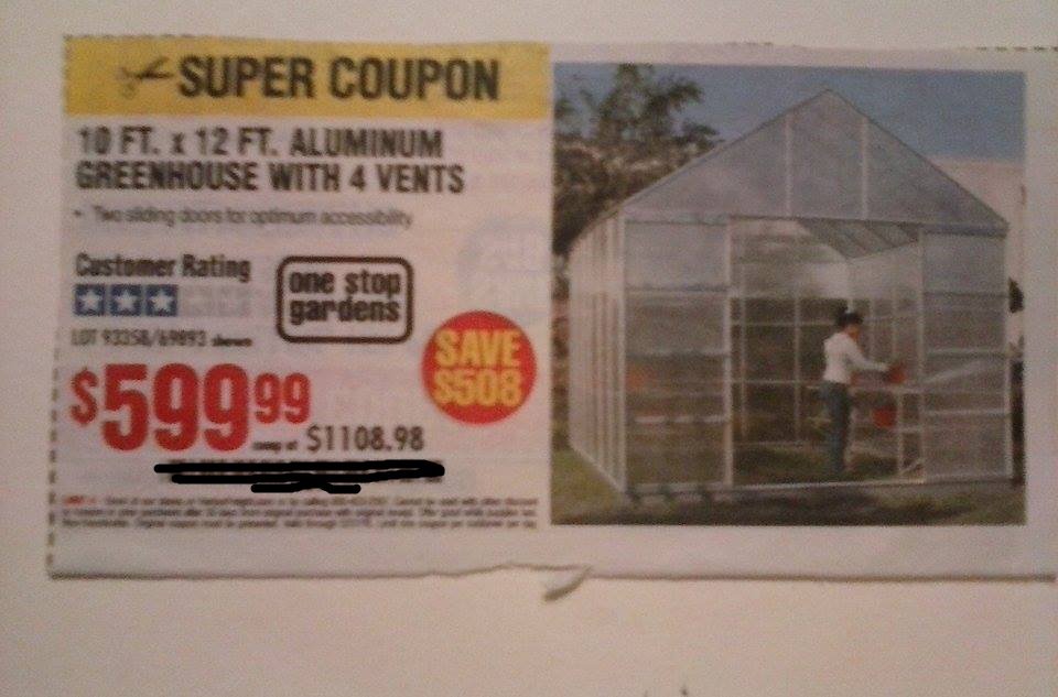 Harbor Freight Coupon For 10 FT. x 12 FT. Aluminum Greenhouse With 4 Vents.