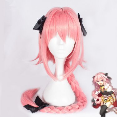 Free Shipping Fate Apocrypha Astolfo Wigs Fgo Rider Pink Braid Cosplay Wig 1m With 3 Black Bowknot