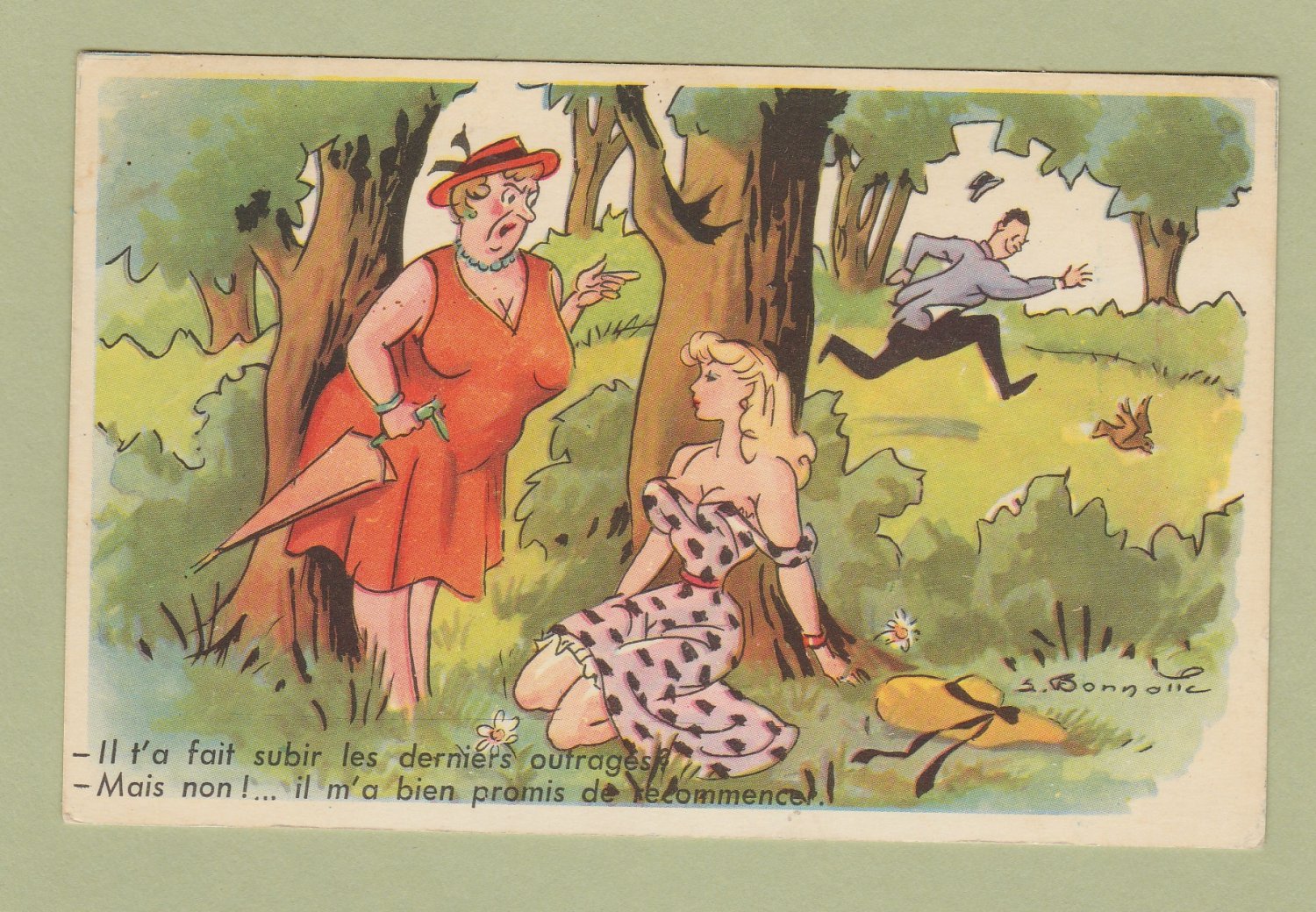 French Humor Comic Vintage Cartoon Postcard Risque Man Running Into Woods