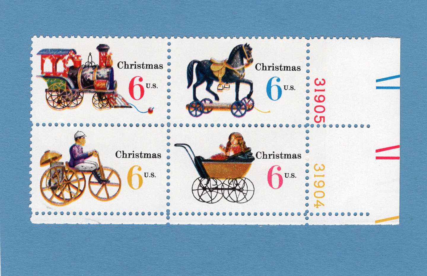Christmas / Holiday U.S. Postage Stamps, Plate Block of Four, Vintage Toys