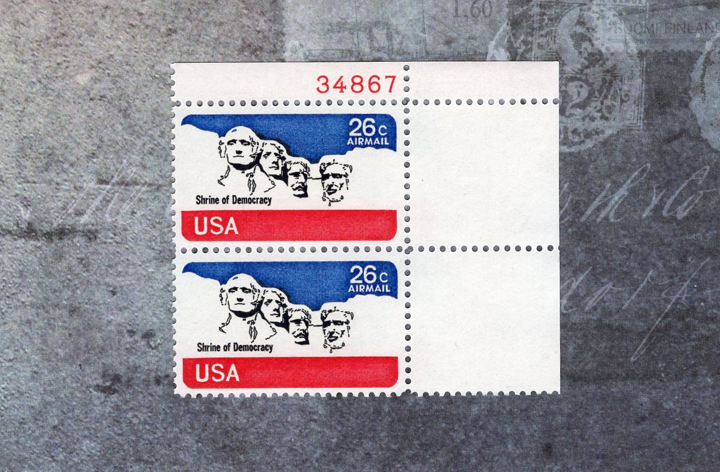 Mt. Rushmore 26c Unused U.S. Air Mail Postage Stamps Plate Block of Two